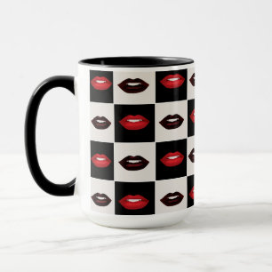Retro Vibes Checkerboard   Rote Lippen Tasse