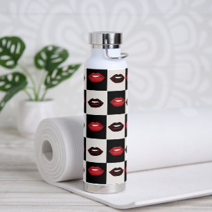 Retro Vibes Checkerboard   Rote Lippen Trinkflasche