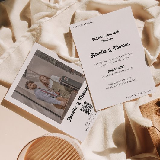 Retro Vibes Classic Foto QR Code Wedding Einladung