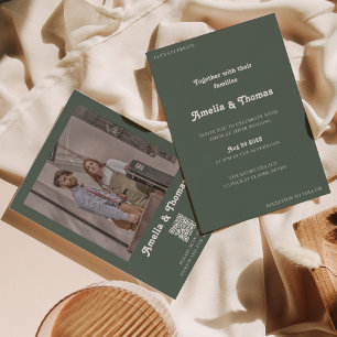 Retro Vibes Dark Green Foto QR Code Wedding Einladung