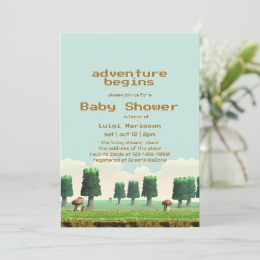 Retro Video Game Adventure Begins Baby Boy Shower Einladung (Stehend Vorderseite)