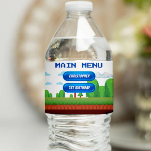 Retro Video Game Menu 1. Geburtstag Party Wasserflaschenetikett