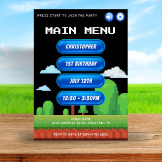 Retro Video Game Menu Black 1. Geburtstag Party Einladung