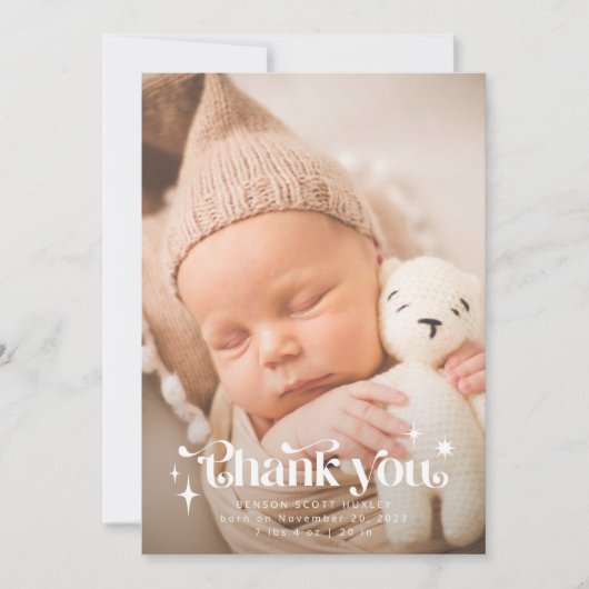 Retro Vielen Dank Overlay Foto Birth Ankündigung (Vorderseite)