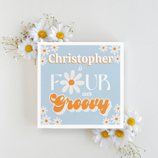 Retro Vier Jungen Groovy Jungs 4. Geburtstag Serviette