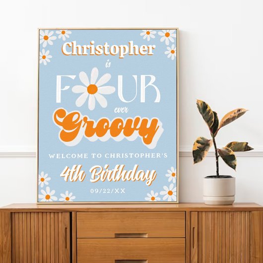 Retro Vier Jungs Groovys 4. Geburtstag Willkommen Poster