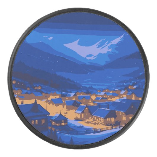 Retro Village Mountain Blue Gold Landschaft Eishockey Puck (Vorderseite)