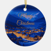 Retro Village Mountain Blue Gold Landschaft Keramik Ornament (Vorne)