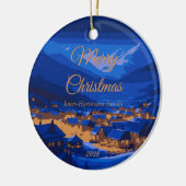 Retro Village Mountain Blue Gold Landschaft Keramik Ornament (Links)