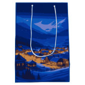 Retro Village Mountain Blue Gold Landschaft Mittlere Geschenktüte (Rückseite)
