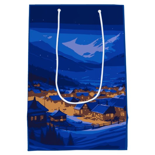 Retro Village Mountain Blue Gold Landschaft Mittlere Geschenktüte (Rückseite)