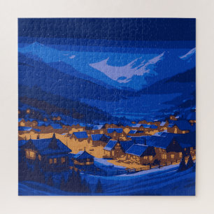 Retro Village Mountain Blue Gold Landschaft Puzzle