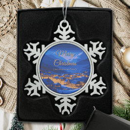 Retro Village Mountain Blue Gold Landschaft Schneeflocken Zinn-Ornament