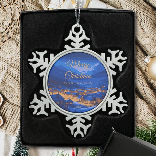 Retro Village Mountain Blue Gold Landschaft Schneeflocken Zinn-Ornament