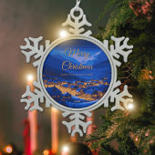 Retro Village Mountain Blue Gold Landschaft Schneeflocken Zinn-Ornament