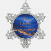 Retro Village Mountain Blue Gold Landschaft Schneeflocken Zinn-Ornament (Vorderseite)