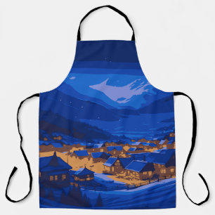 Retro Village Mountain Blue Gold Landschaft Schürze
