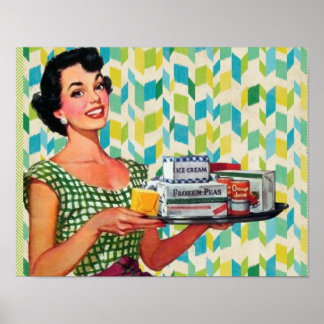 Retro Vintag 50er Jahre Hausfrau Holding Food Poster