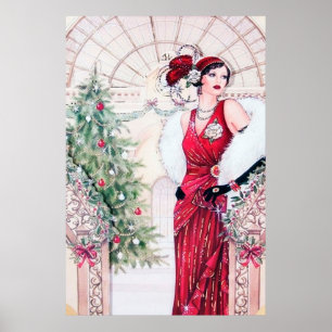 Retro Vintag Art Deko Weihnachtsfrau-Plakat