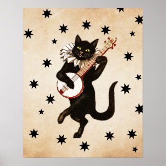 Retro Vintag Black Cat Spielen Banjo | Katzengesch Poster