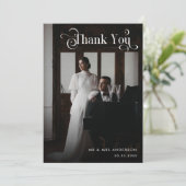 Retro Vintag Boho Script Foto Black Wedding Dankeskarte (Stehend Vorderseite)