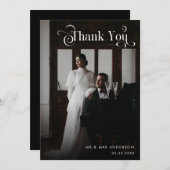 Retro Vintag Boho Script Foto Black Wedding Dankeskarte (Vorne/Hinten)