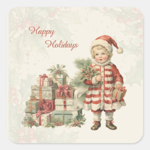 Retro Vintag Boy Christmas Geschenke Quadratischer Aufkleber