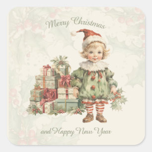 Retro Vintag Boy Weihnachtsgeschenke Holly Quadratischer Aufkleber