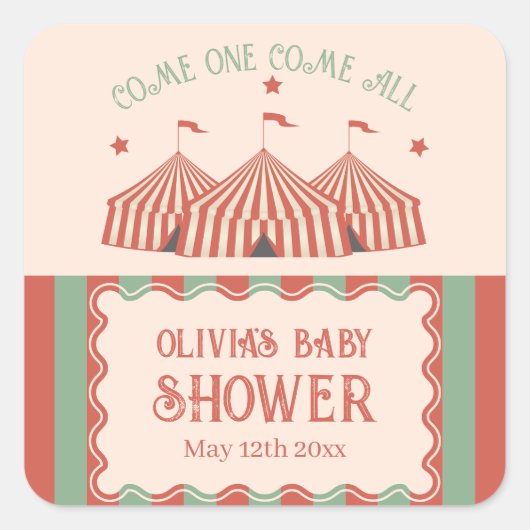 Retro Vintag Carnival Circus Baby Dusche Quadratischer Aufkleber (Vorderseite)