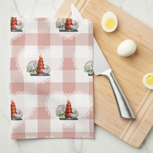 Retro Vintag Coquette Baby Animals Cat Gingham Geschirrtuch (Viertel Falte)