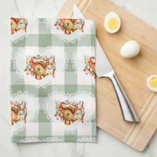 Retro Vintag Coquette Baby Animals Deer Gingham Geschirrtuch