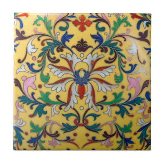 Retro Vintag Gelbe Minton Tile Botanisch Fliese (Vorderseite)