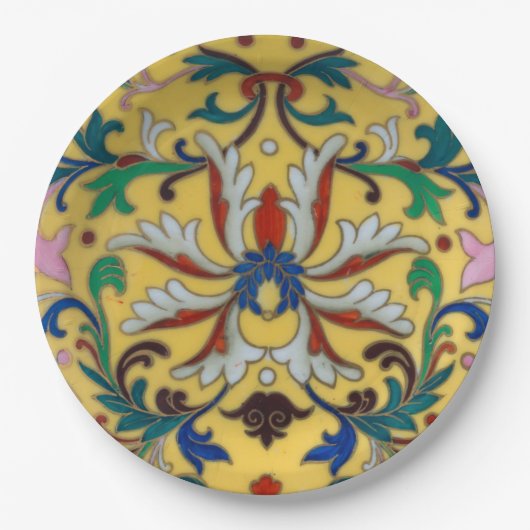 Retro Vintag Gelbe Minton Tile Botanisch Pappteller (Vorderseite)