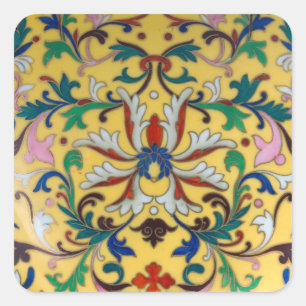 Retro Vintag Gelbe Minton Tile Botanisch Quadratischer Aufkleber