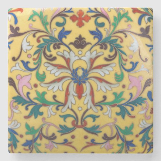 Retro Vintag Gelbe Minton Tile Botanisch Steinuntersetzer (Vorderseite)