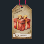 Retro Vintag Golden Bow Red Christmas Geschenkboxe Geschenkanhänger<br><div class="desc">Schöne Retro-Vintage Illustration eines roten Weihnachtsschachts mit goldenem Bogen,  auf einem Retro-Grunge-Hintergrund und Rahmen für einen altertümlichen oder Vintagen Look. Das Design verfügt über ein Vintages Scrollband für Ihre Personalisierung sowohl vorne als auch hinten in diesem eleganten und zeitlosen Holiday Gift Tag.</div>