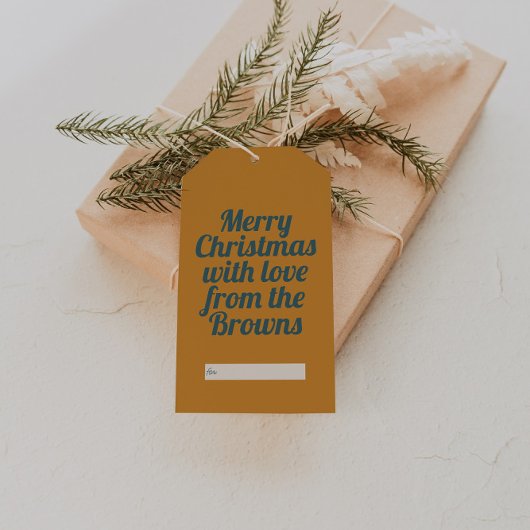 Retro Vintag Golden Yellow & Blue Frohe Weihnachte Geschenkanhänger