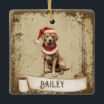 Retro Vintag Hund mit Red Christmas Hat Keramikornament<br><div class="desc">Schöne Retro-Vintage Abbildung eines Hundes mit einem roten Weihnachtshut auf einem Retro-Grunge-Hintergrund und Rahmen für einen altertümlichen oder Vintagen Look. Das Design verfügt über ein Vintages Bildlaufband für Ihre Personalisierung. Auf der Rückseite dieses eleganten und zeitlosen Holiday-Ornaments kann man "mein 1. Weihnachten mit den Andersons" individuell gestalten.</div>