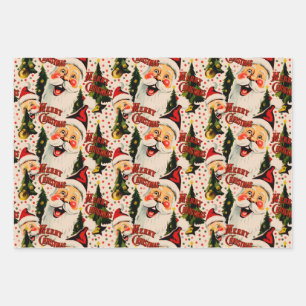Retro Vintag Laghing Santas Wrapping Paper Geschenkpapier Set