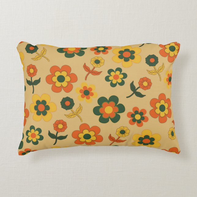 Retro Vintag Orange 70er Blume Muster Dekokissen (Vorderseite)