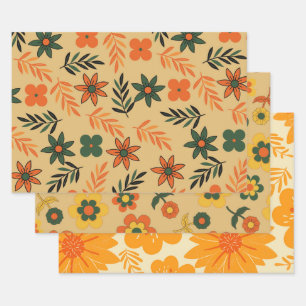 Retro Vintag Orange 70er Blume Muster Geschenkpapier Set