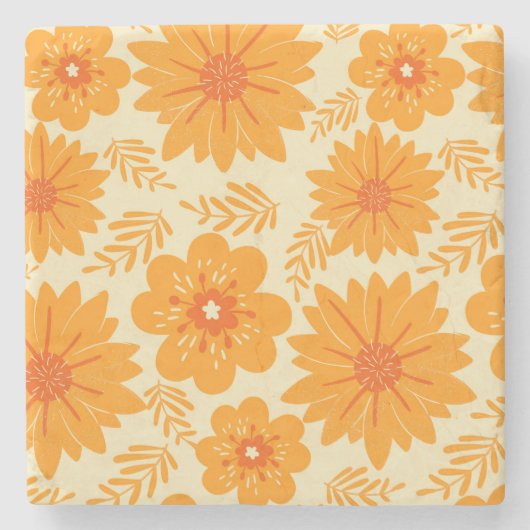 Retro Vintag Orange Botanische Blume Muster Fall Steinuntersetzer (Vorderseite)