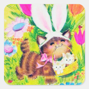 Retro Vintag Osterkatzen Weihnachtsaufkleber Quadratischer Aufkleber