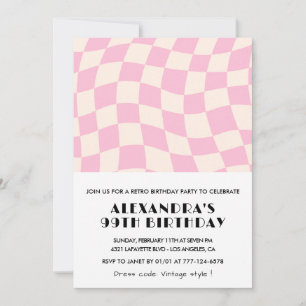 Retro Vintag Pink Checkered 99. Geburtstag Einladung