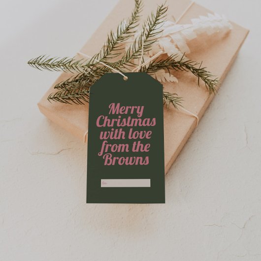 Retro Vintag Pink & Green Frohe Weihnachten Geschenkanhänger