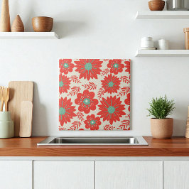 Retro Vintag Red Green Floral Fliese
