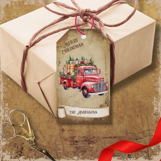 Retro Vintag Red Lieferwagen Truck Frohe Weihnacht Geschenkanhänger