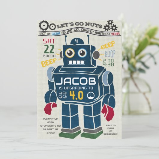 Retro Vintag Robot Einladung zum Geburtstag (Stehend Vorderseite)