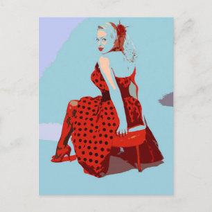 Retro Vintag Rocker Lady in Polka Dot Dress Postkarte