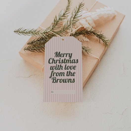 Retro Vintag rosa Streifen Grün Frohe Weihnachten Geschenkanhänger